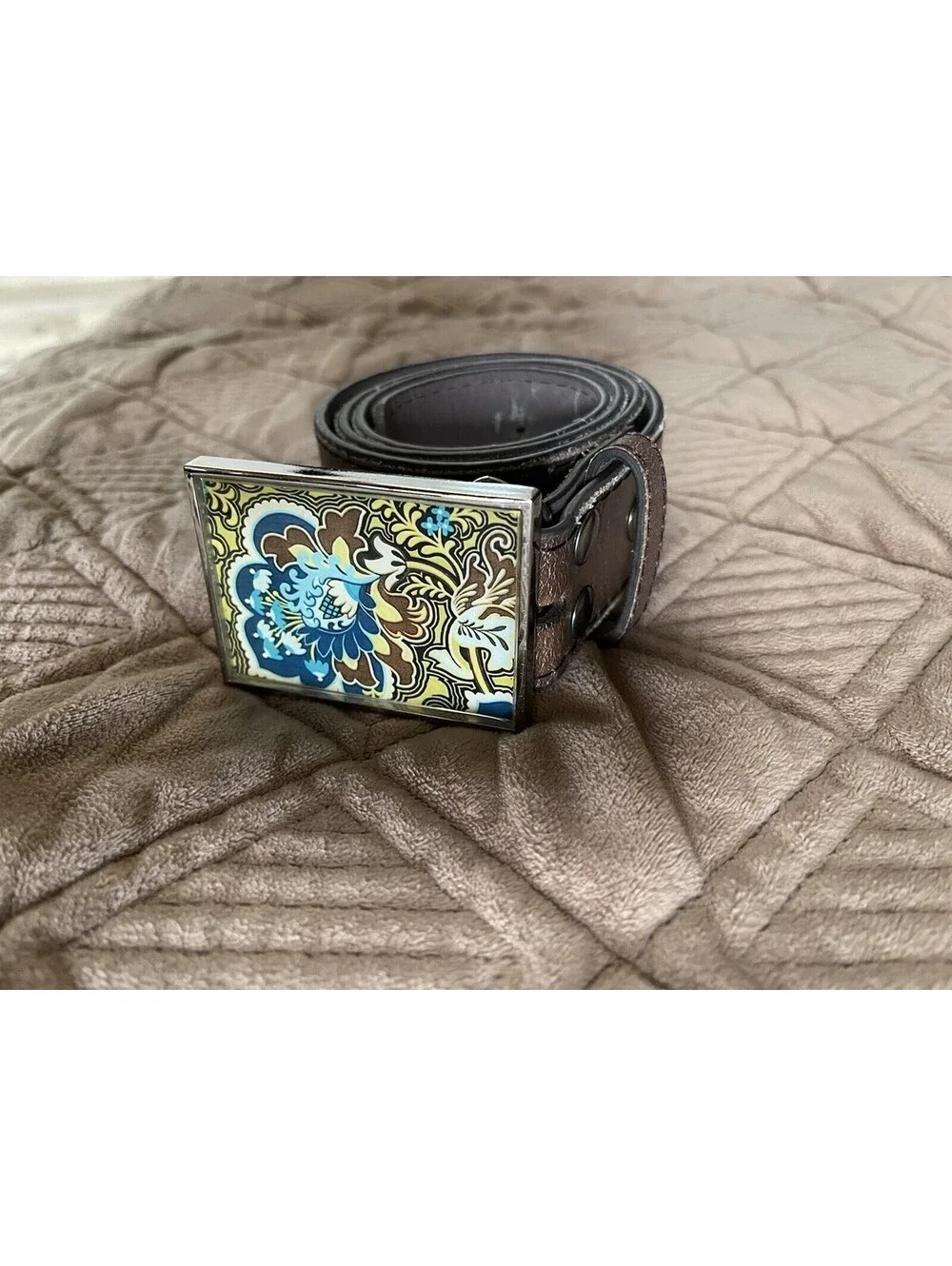 Vera Pelle - Leather Belt with Art Deco Blue and Brown Flower Buckle Size 30-32
